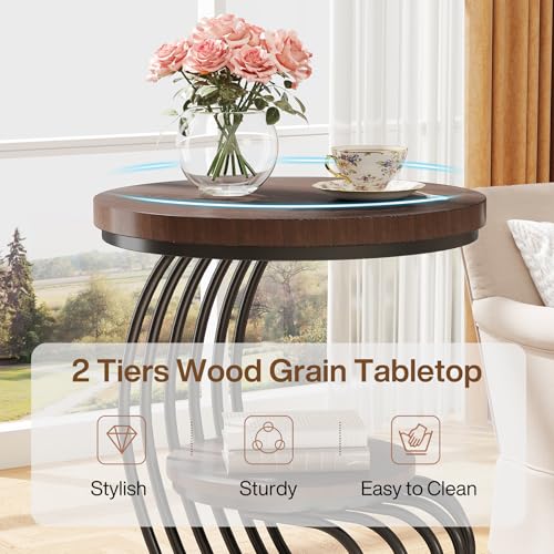 Tribesigns Round End Side Table: Side Table with 2 Tiers Storage Shelves, Vintage End Table for Living Room, Small Bedside Table Accent Table with Arc-Shaped Frame, Rustic Brown
