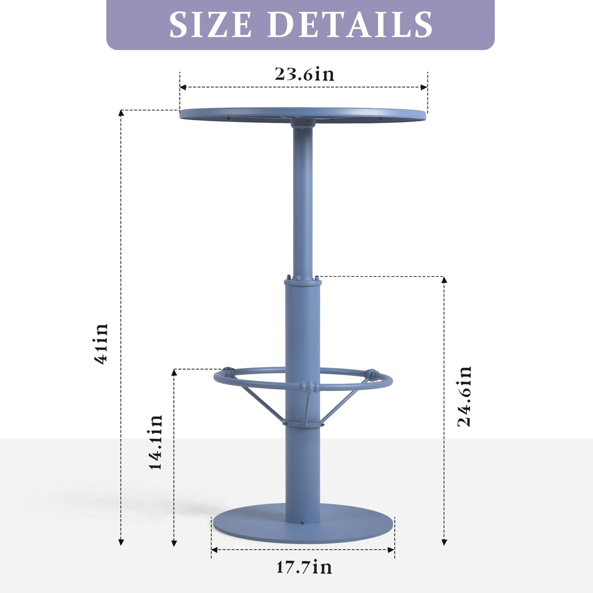 42" Tall Modern Industrial Bar Table-23.6" Dia Round Metal Top Bar Height Adjustable Standing Pub Table-Dining Room Bistro Table-Cocktail Use (Pigeon Blue)