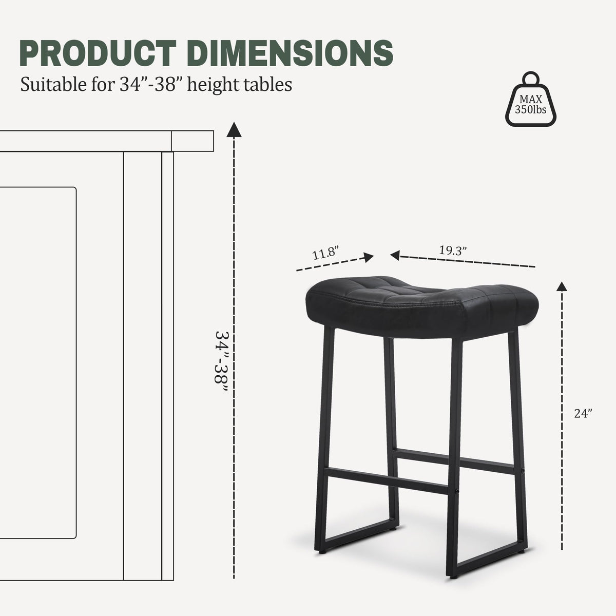 Black Bar Stools Set of 6 for Kitchen Island Counter Height Stools Modern Backless Barstools with Upholstered Faux Leather Saddle Seat and Metal Frame Industrial Bar Chairs, 24 inch