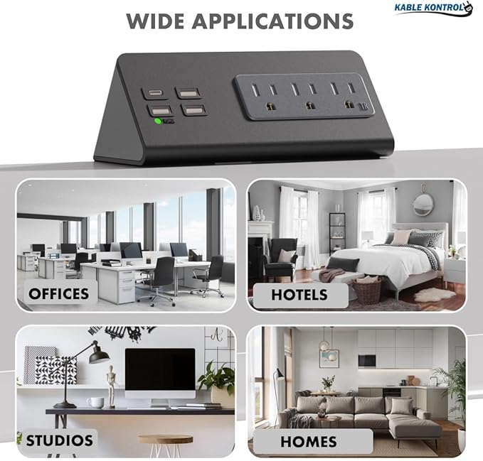 Kable Kontrol Desk Clamp Power Strip with USB-C Port, Nightstand Charging Station, 3 AC Outlets, 3 USB-A Ports, Fast Charger, Easy Installation for Home, Offices, Hotels – 4.9 Ft, Black, 1 Pc
