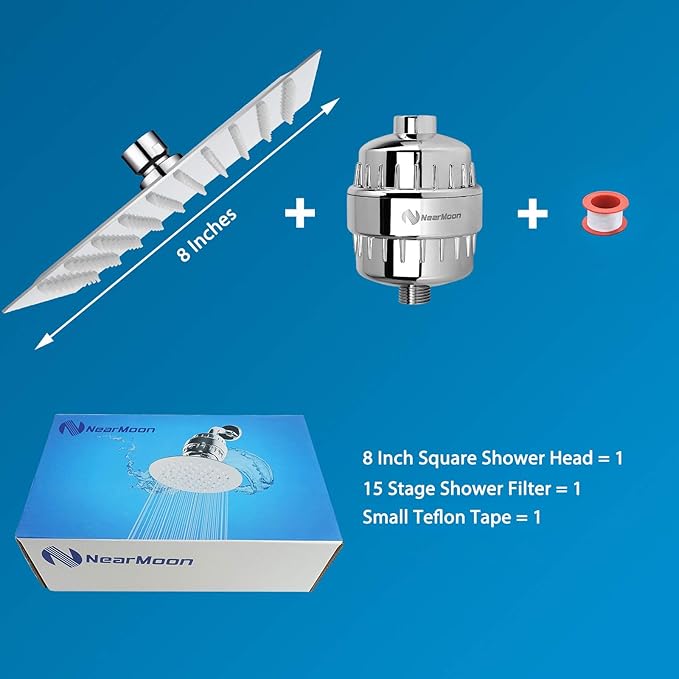 NearMoon Square Shower Head and 15 Stage Shower Filter Combo, High Pressure Filtered Head for Hard Water, Improves the Condition of Your Skin, Hair (Chrome Finish)