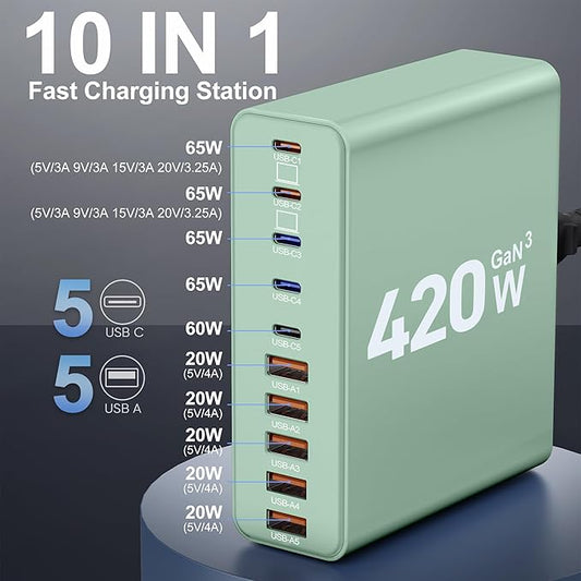 420W USB C Charger Block,10-Port Charging Station GaN Fast Charging Type C & USB A Wall Charger Adapter for MacBook Pro/Air,iPhone,iPad,Dell XPS,Samsung Galaxy(Green)