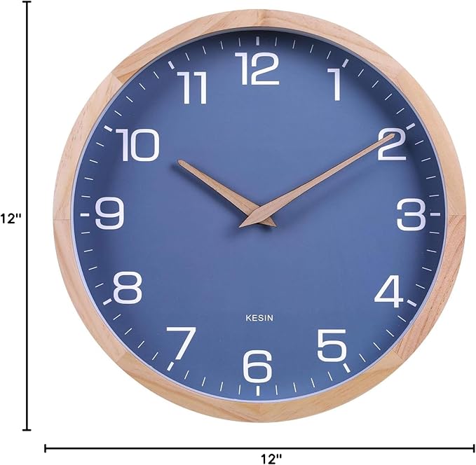 Kesin Wall Clock 12 Inch Silent Non Ticking Wood Wall Clocks Battery Operated - Wooden Blue Modern Simple Clock Decorative for Kitchen,Living Room,Bedroom,Kid’s Room