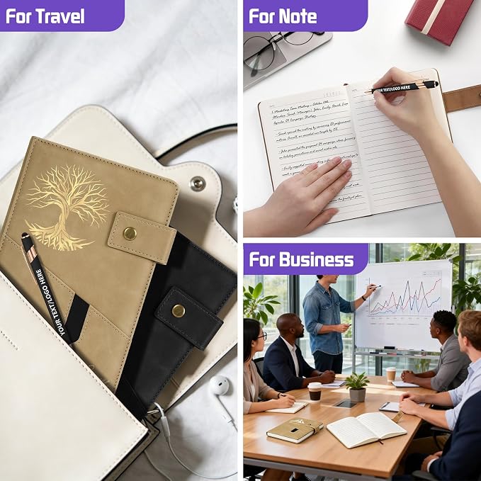 ENOMY Personalized Notebook & 10 PC Pens Set A5 Notebook with Ribbon Bookmark PU Leather Custom Notebook Cover for College Graduation Birthday Business Gifts, Black