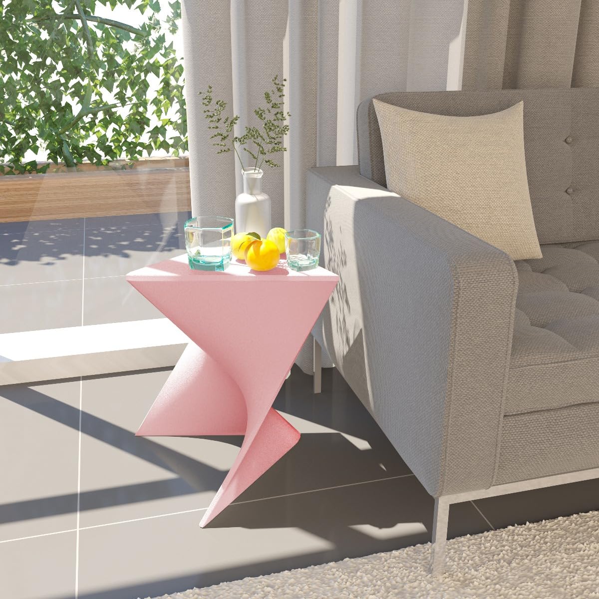 15.75" Triangular Side Table, Stackable Plastic Accent End Table for Indoor & Outdoor Use, Weather-Resistant Modern Patio & Living Room Table, Set of 2, Pink