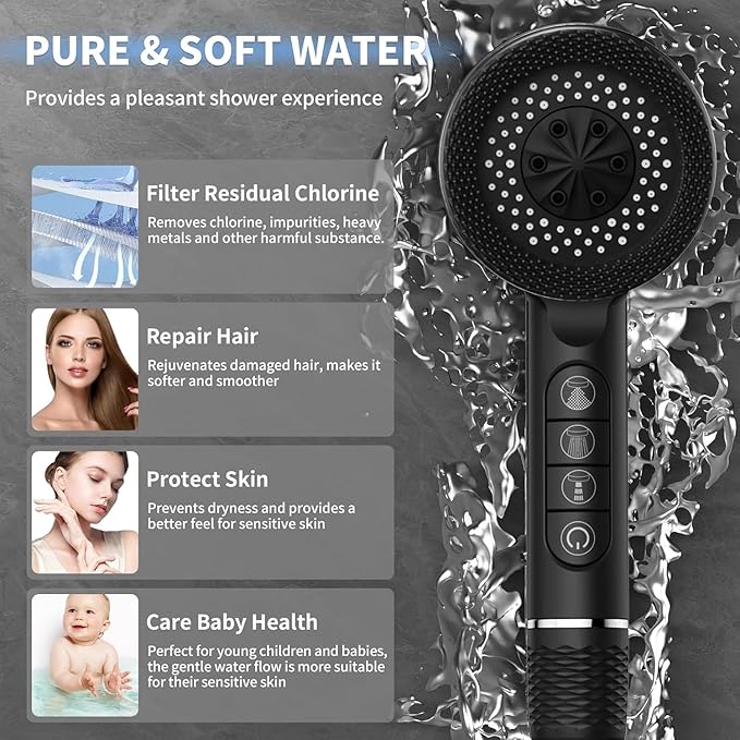 Filtered Shower Head with Handheld, High Pressure 3 Spray Showerhead with Filters & Upgraded Anti-clog Nozzles for Hard Water -Remove Chlorine, Reduce Dry Itchy Skin -ON/OFF Switch for Pet Bath,Black