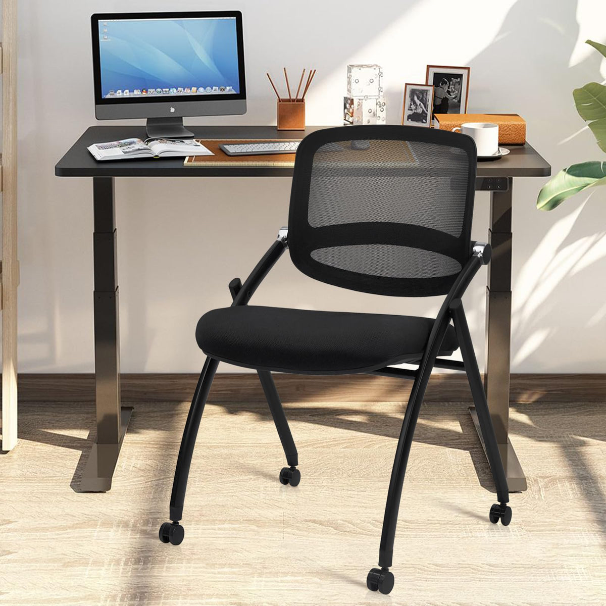 8PACK, Stackable & Foldable Chairs with Wheels, Reception Guest Chairs with Lumbar Support, Ergonomic Curved Mesh Back Folding Chair for Office Schools Conference Waiting Room, Black