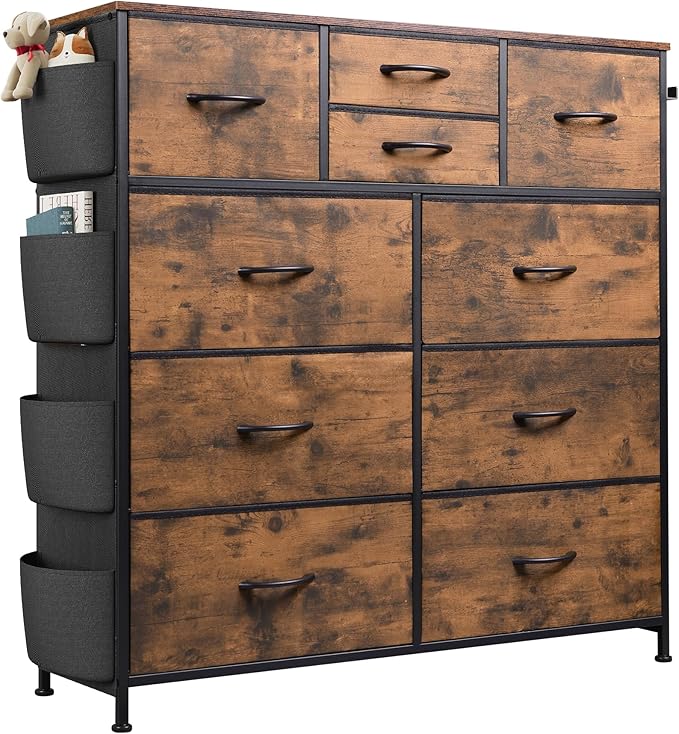 WLIVE Fabric Dresser for Bedroom with 10 Drawers, Chest of Drawers with Side Pockets and Hooks, Sturdy Metal Frame, Drawers Organizer Unit for Living Room, Hallway, Rustic Brown Wood Grain Print