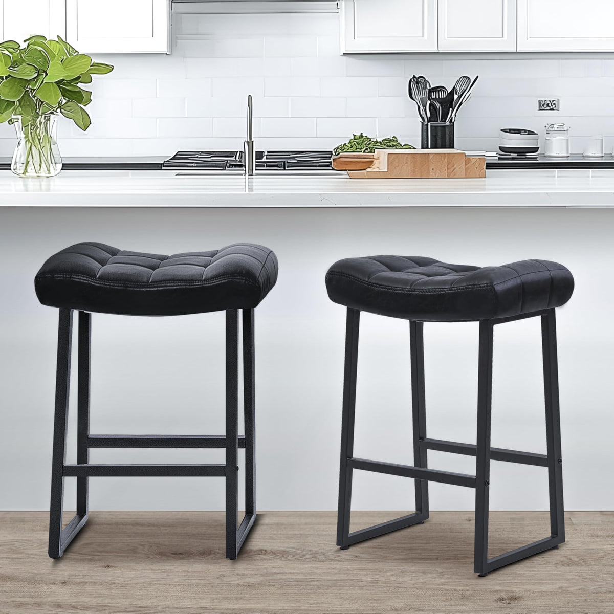 Black Modern Bar Stool for Kitchen Counter Backless Counter Height Barstool with Upholstered Faux Leather Seat and Metal Frame Industrial 24 inch Bar Chair