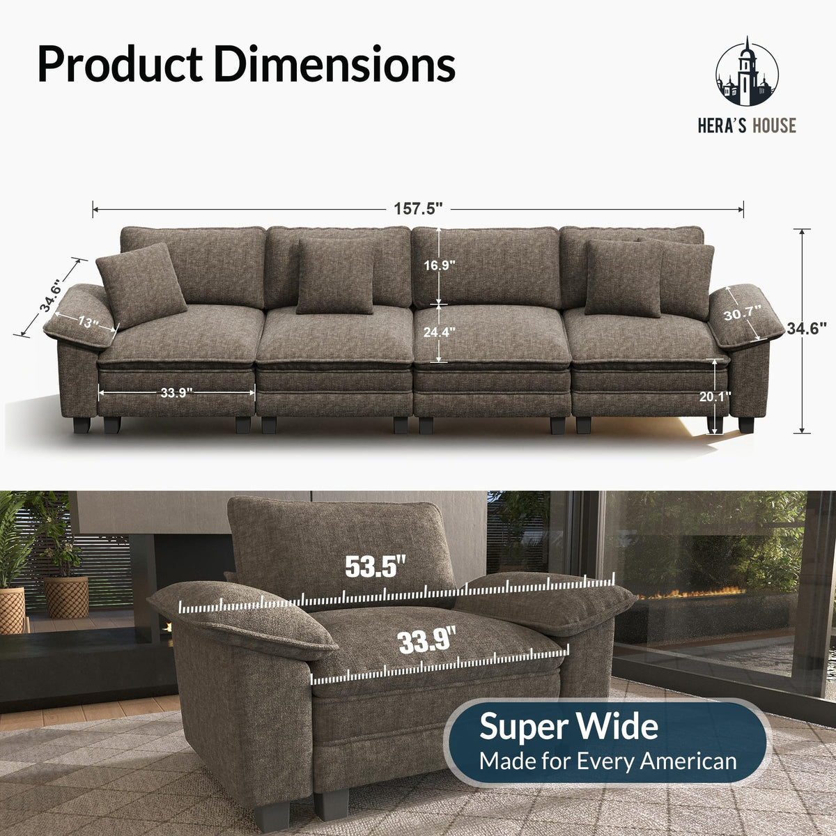 158" Modular Sectional Sofa, Oversized Couches for Living Room, Comfy Cloud Couch 4-Seater Deep Seat Sofa with Throw Pillow, Chenille Ash