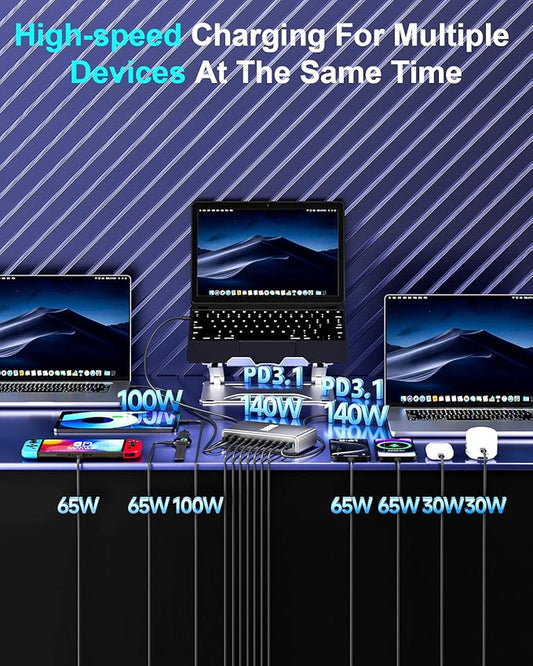800W USB C Fast Charger Block, 10 Port USB Charging Station, GaN Ⅲ Pro Dual 140W PD PPS Port for Multiple Devices,Laptop Wall Charger Compatible with DELL, HP, MacBook Pro,iPhone 16,Galaxy S24