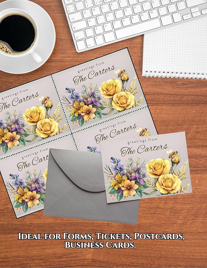 Limited Papers (TM) 8.5x11 Perforated Paper, 20/50 Pound, 75 GSM, Variety of Perforation Sizes and Colors, for Forms, Tickets, Postcards, Business Cards. (Gold, 4 up – 1 Hor. & 1 Ver.)