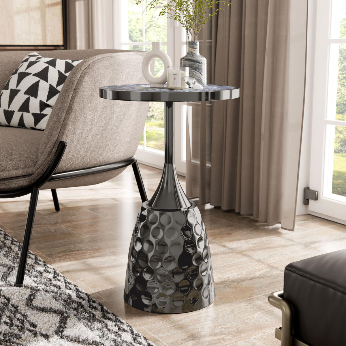 Modern 24" Tall Round End Table with Printed Tabletop and Iron Metal Base, Accent Furniture, Pedestal Stand for Living Room, Home Office, Black with Geometric Floral