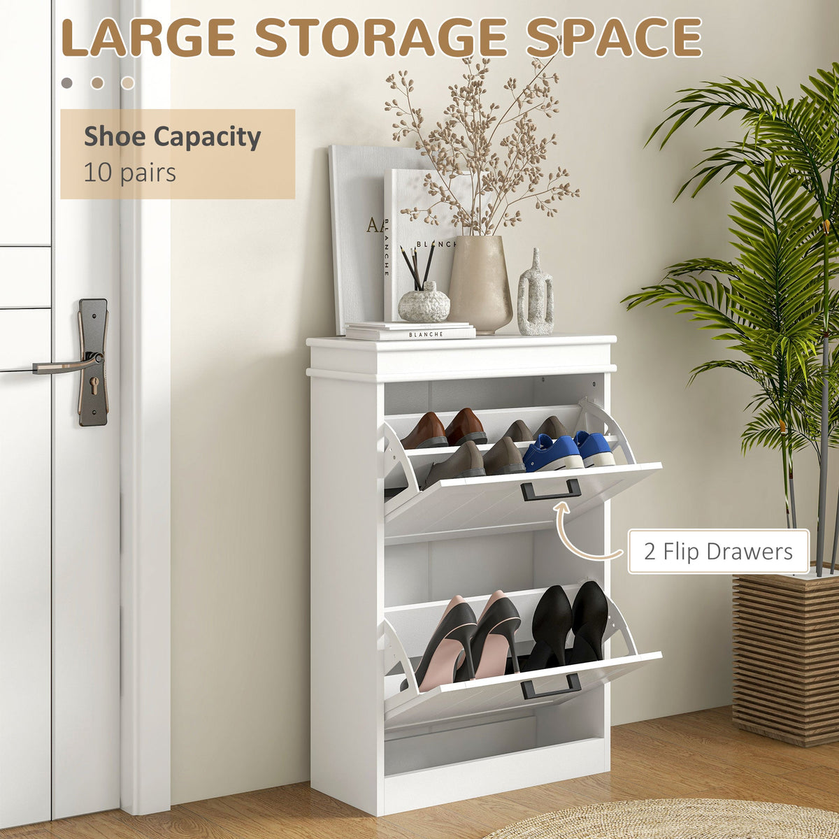 Modern Shoe Storage Cabinet with 2 Flip Drawers for 10 Pairs, Narrow Shoe Organizer for Entryway, Hallway, White
