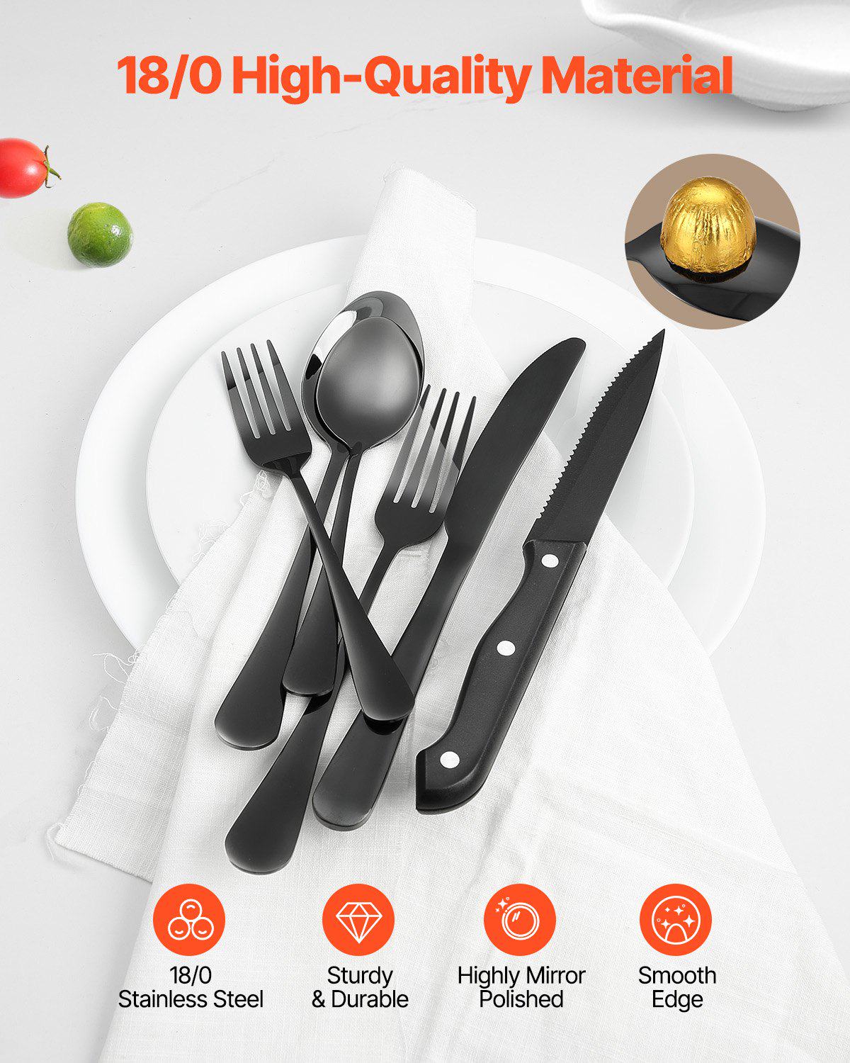48-Piece Black Silverware Set with Steak Knives, Food-Grade Stainless Steel Flatware Utensils for 8, Mirror Finished Cutlery Set, Dishwasher Safe Eating Tableware for Kitchen Home, Service for 8
