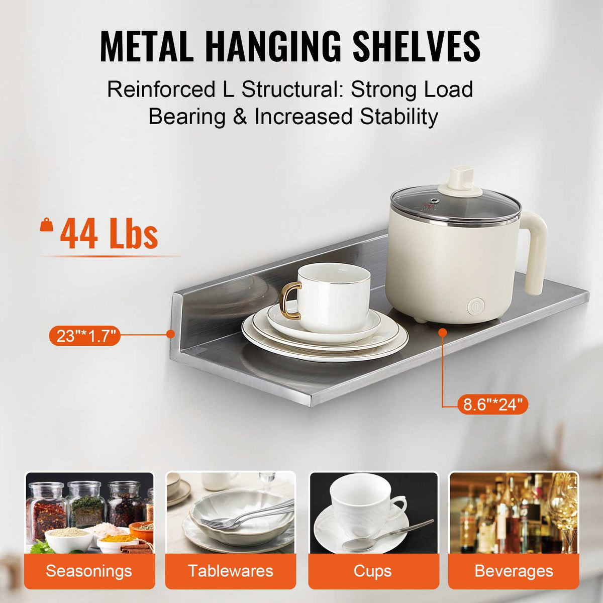 8.6" x 24" -2 Pack Stainless Steel Shelf, Wall Mounted Floating Shelving with Backsplash, 44 lbs Load Capacity Commercial Shelves, Heavy Duty Storage Rack for Restaurant, Kitchen, Bar, Home, and Hotel