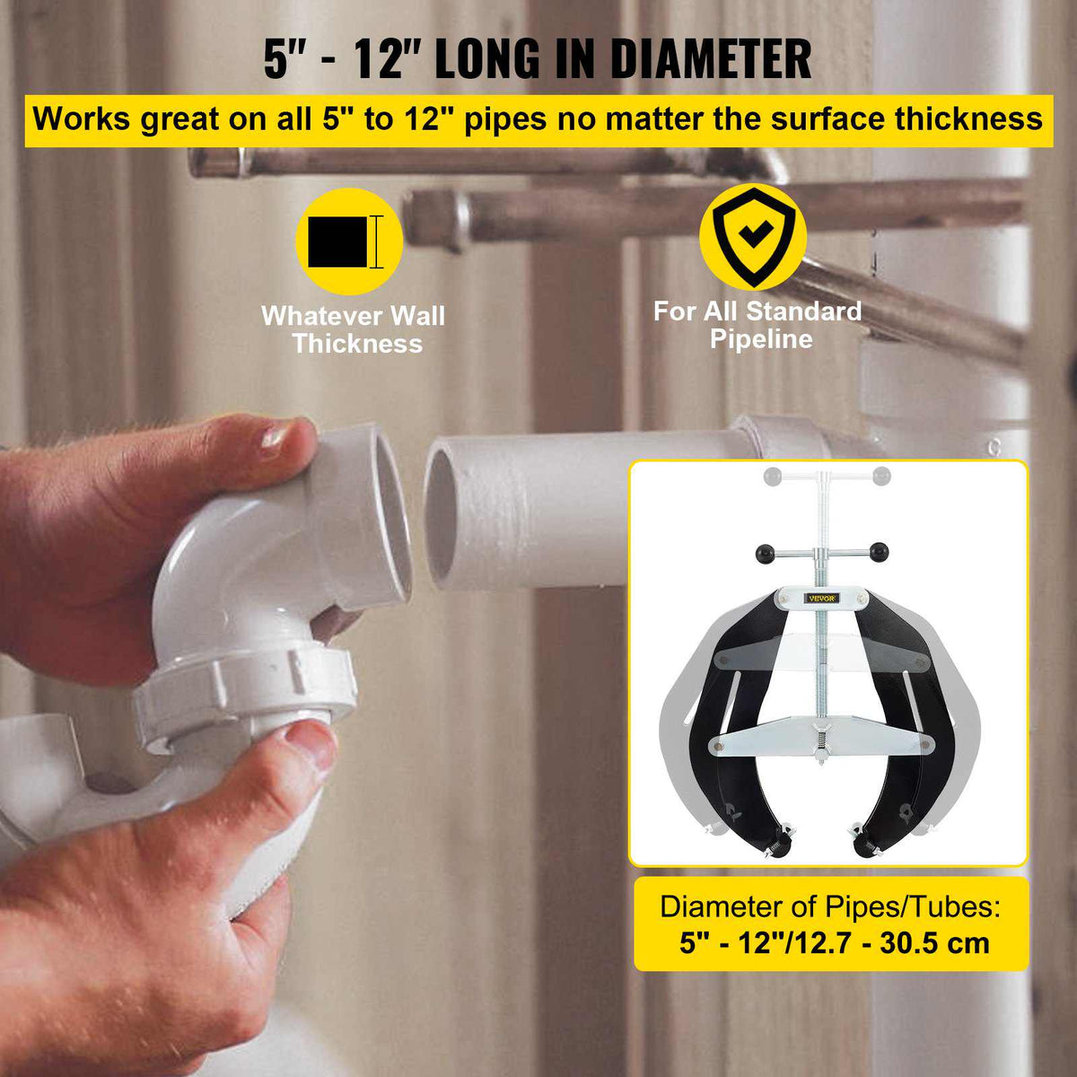 Pipe Clamp, 5 to 12 in, High Strength Ultra Clamp with Quick Acting Screws, Steel Pipe Alignment Tool with Lightweight Design, Black
