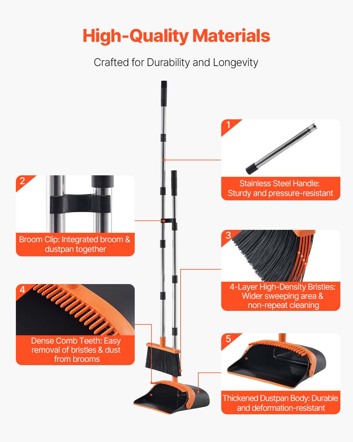 Broom and Dustpan Set, Heavy Duty Dustpan and Broom Combo with Self-Cleaning Teeth, Metal Upright Standing Dust Pan with Long Handle, Ideal for Home, Restaurant, Office, Dorm, Black+Orange
