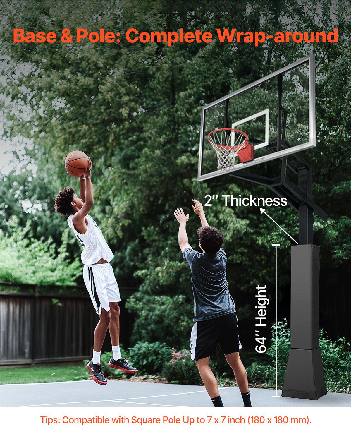 Basketball Pole Pad, 64" Tall and 2" Thick Heavy Duty Wrap Around Pole Padding, Fits 6x6 - 7x7 inch Diameter Square Pole, All-weather Waterproof Protective Pad for Basement Garage Playground