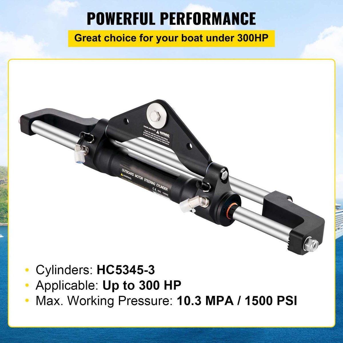Hydraulic Steering Cylinder 300HP, Hydraulic Steering Front Mount Hydraulic Outboard Marine Steering Kit Without Hydraulic Hose and Helm for Outboards Boat Steering System