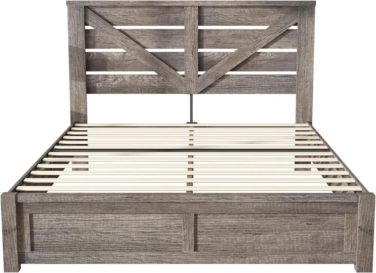 Queen Size Farmhouse Bed Frame with 49.2" Barn Door Headboard, Platform Bed Frame with Wood Slats, under Bed Storage Space, Easy Assembly, Noisy Free, Rustic Gray