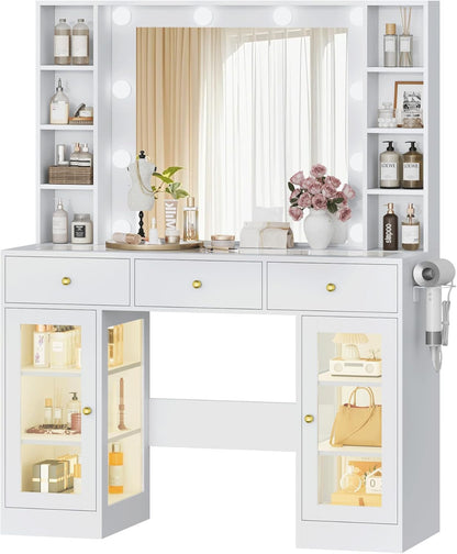 Makeup Vanity Desk with Mirror and Lights, White Vanity with Glass Top, LED Lights & Power Outlet, 3 Drawers & 2 RGB Glass Cabinets, Adjustable Lighted Dressing Table for Women & Girls Bedroom