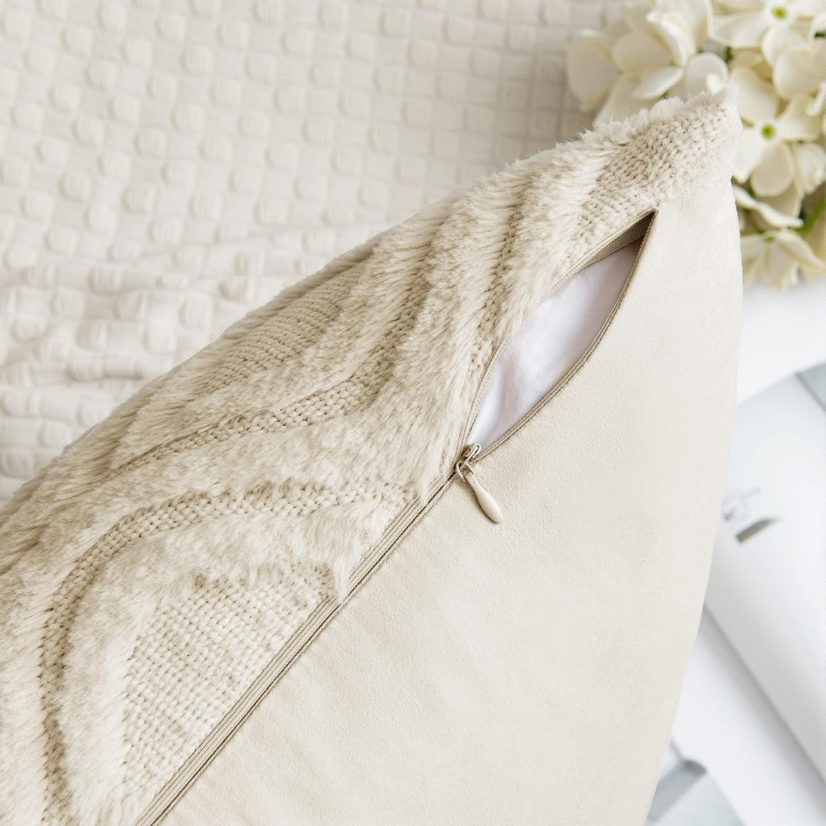 Beige Throw Pillow Covers 18X18 Inch, Neutral Soft Plush Faux Wool Solid Couch Pillows Set of 2, Decorative Farmhouse Boho Cushion Covers for Sofa Living Room Bed Home Decor