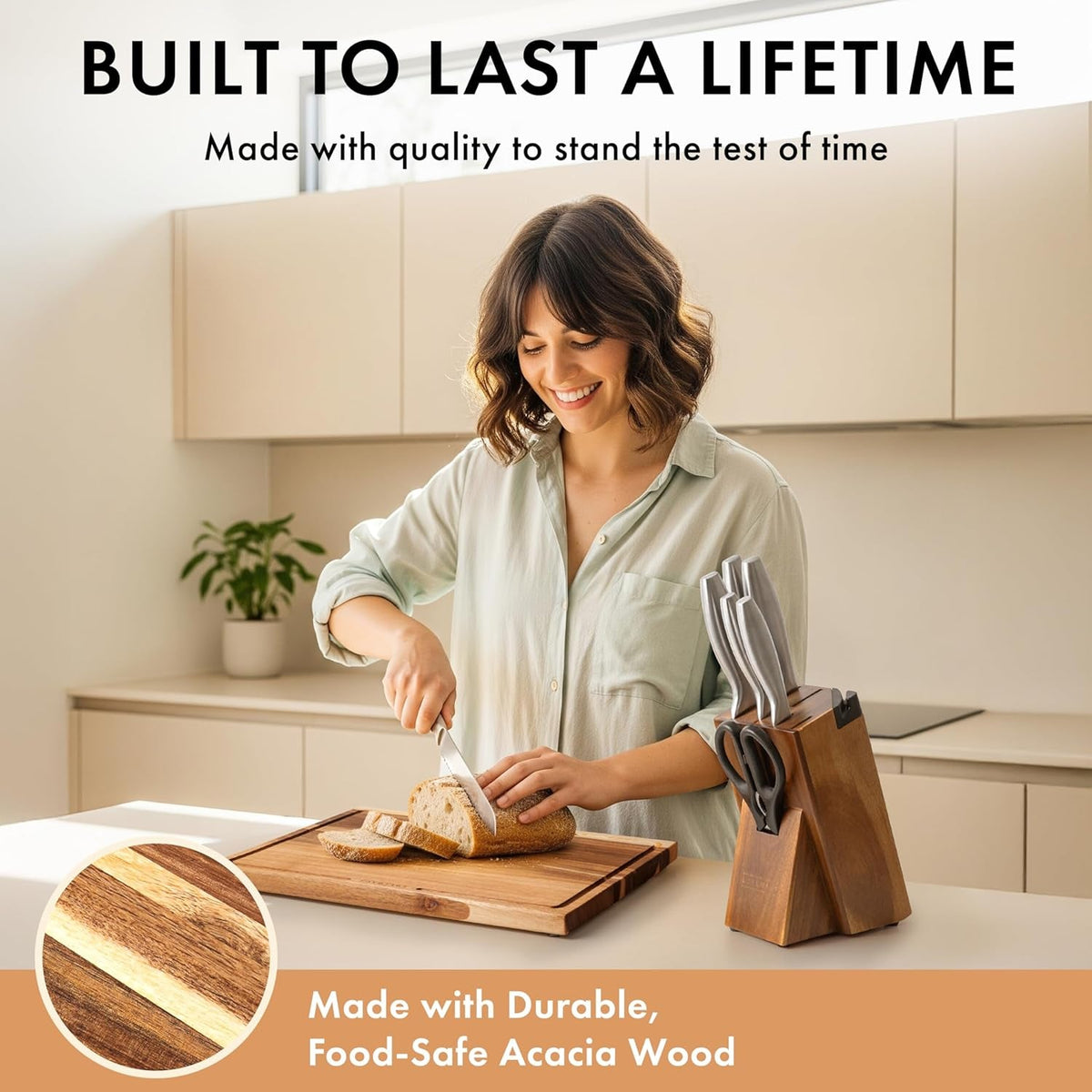 Acacia Wood Cutting Board for Kitchen, Non-Toxic Cutting Board Set of 3, Chopping Boards with Deep Juice Groove for Meat, Cheese & Vegetables - Durable & Double Sided with Serving Compartments