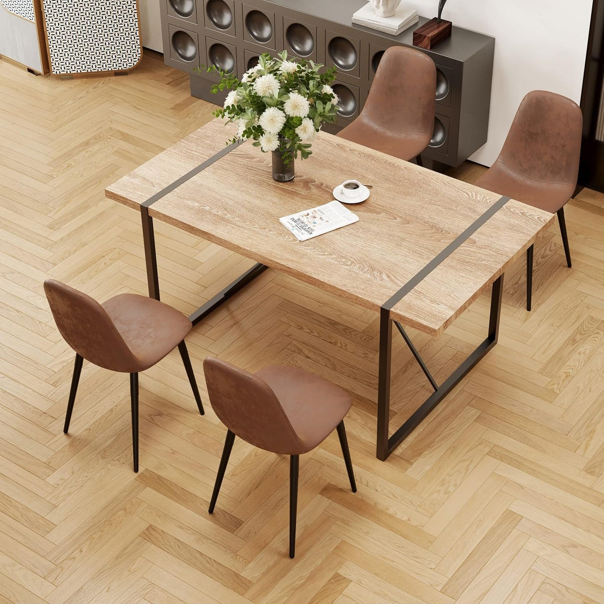 Dining Table Set for 4, Modern 55'' Wood Dinette Table Set for 4 with Fabric Dining Chairs,Table and Chairs Set of 4,Ideal for Kitchen Dining Room