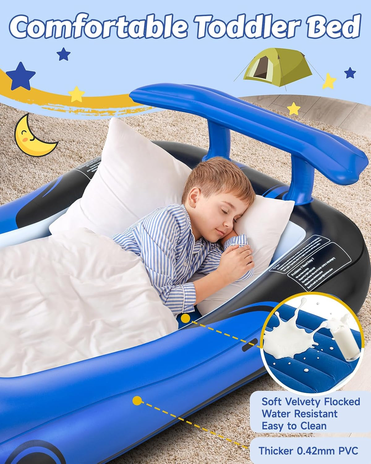 Inflatable Toddler Travel Bed with Safety Bumpers & 2 Mins Auto Inflation Pump, Portable Toddler Kids Air Mattress with Carry Bag for Home Grandma'S Sleepovers Travel Camping, 330Lbs Support