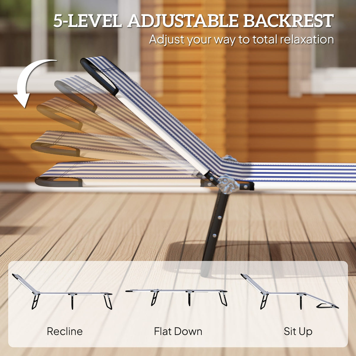 Portable Folding Adjustable Sun Beach Lounger / Camping Cot - Blue and White