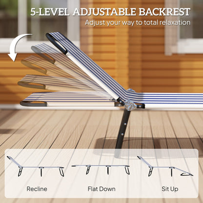 Portable Folding Adjustable Sun Beach Lounger / Camping Cot - Blue and White