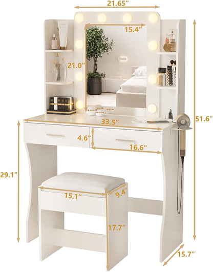 Vanity Desk with Lights,keup Vanity with Power Strip,Dressing Table Set with 2 Large Drawers,Vanity Mirror 3 Lighting Color Adjustable,White