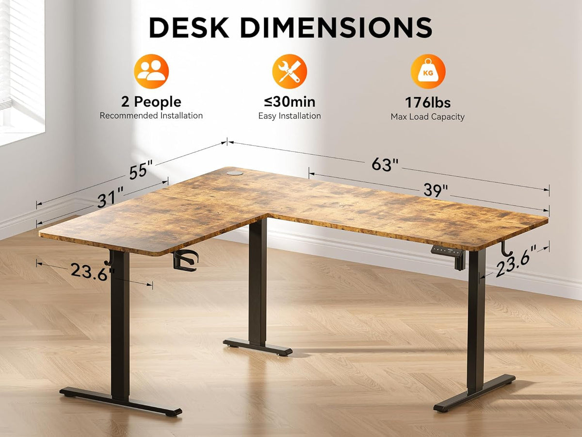 63 Inches Height Adjustable L Shaped Standing Desk with 3 Drawers and Monitor Shelf, Electric Corner Comupter Desk, Sit Stand up Home Office Desk, Ergonomic Gaming Desk, Black