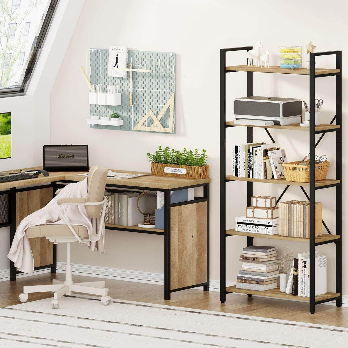 5 Tier Bookshelf, Industrial Wood and Metal Book Shelves for Display, Tall Etagere Bookcase and Rustic Shelving Unit (Rustic Oak)