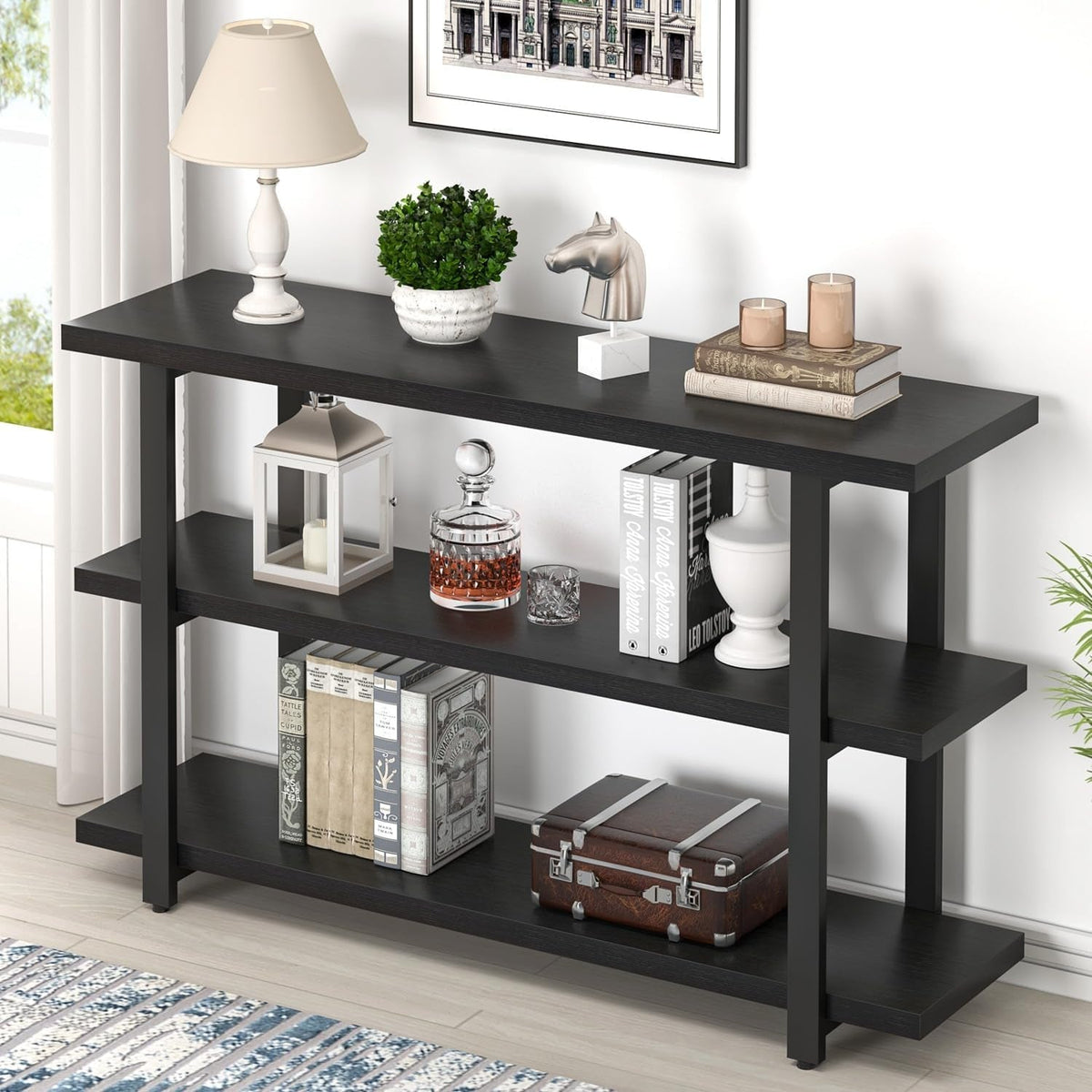 Black Entryway Table, Modern Console Tables with 3 Tier Storage Shelves for Living Room, Wood and Metal Sofa Table for Hallway, Entrance, or behind Couch, 47 Inch