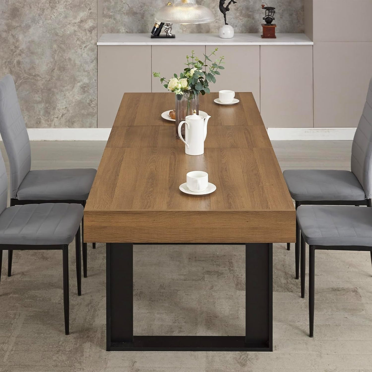 63”-79” Extendable Dining Room Table, Modern Farmhouse Wooden Kitchen Table, Long Expandable Dining Table for 6 8 10, Large Expanding Tables Conference Tables (Walnut Brown)
