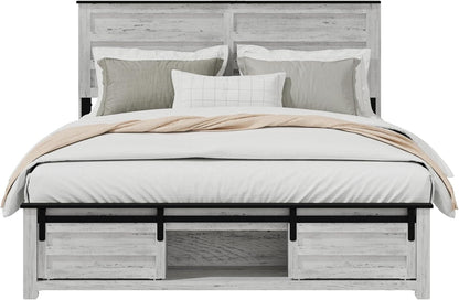 Wooden Queen Size Bed Frame with Headboard, Boho White Farmhouse Storage Bedframe with Sliding Barn Door Footboard and Charging Station, Solid Wood Slats, No Box Spring Needed