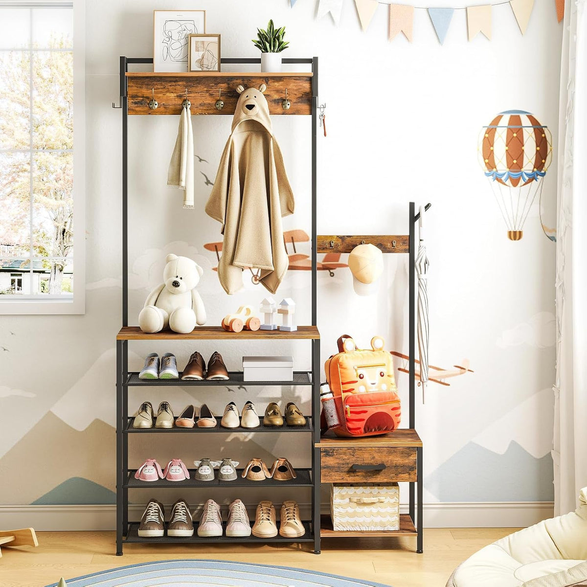 Hall Tree with Shoe Bench, Drawer and Coat Hooks, Rustic Brown