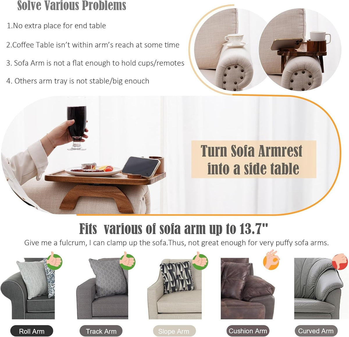 Couch Cup Holder Tray, 3 in 1 Large 15.36"X9.85" Acacia Wood Sofa Arm Clip on Tray Table with 360°Rotated Phone Holder on Armrest