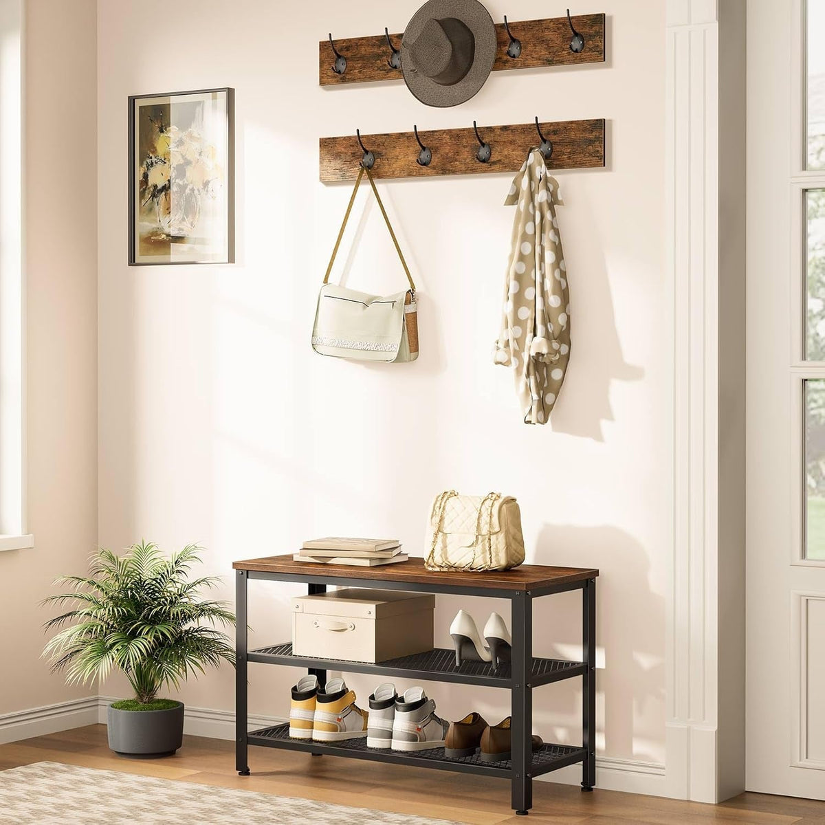Hall Tree Entryway Storage Bench, Coat Rack Shoe Bench, Shoe Rack Organizer with Coat Hooks, 3-In-1 Design, Wooden Furniture with Metal Frame, Rustic Brown and Black BF17MT01