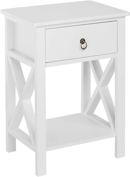 Farmhouse Nightstand Set of 2 with Drawer and Shelf, White