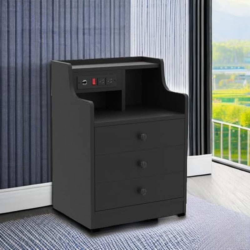 Nightstand with Charging Station,Black Night Stand for Bedroom,End Table with Hutch & Storage Drawers