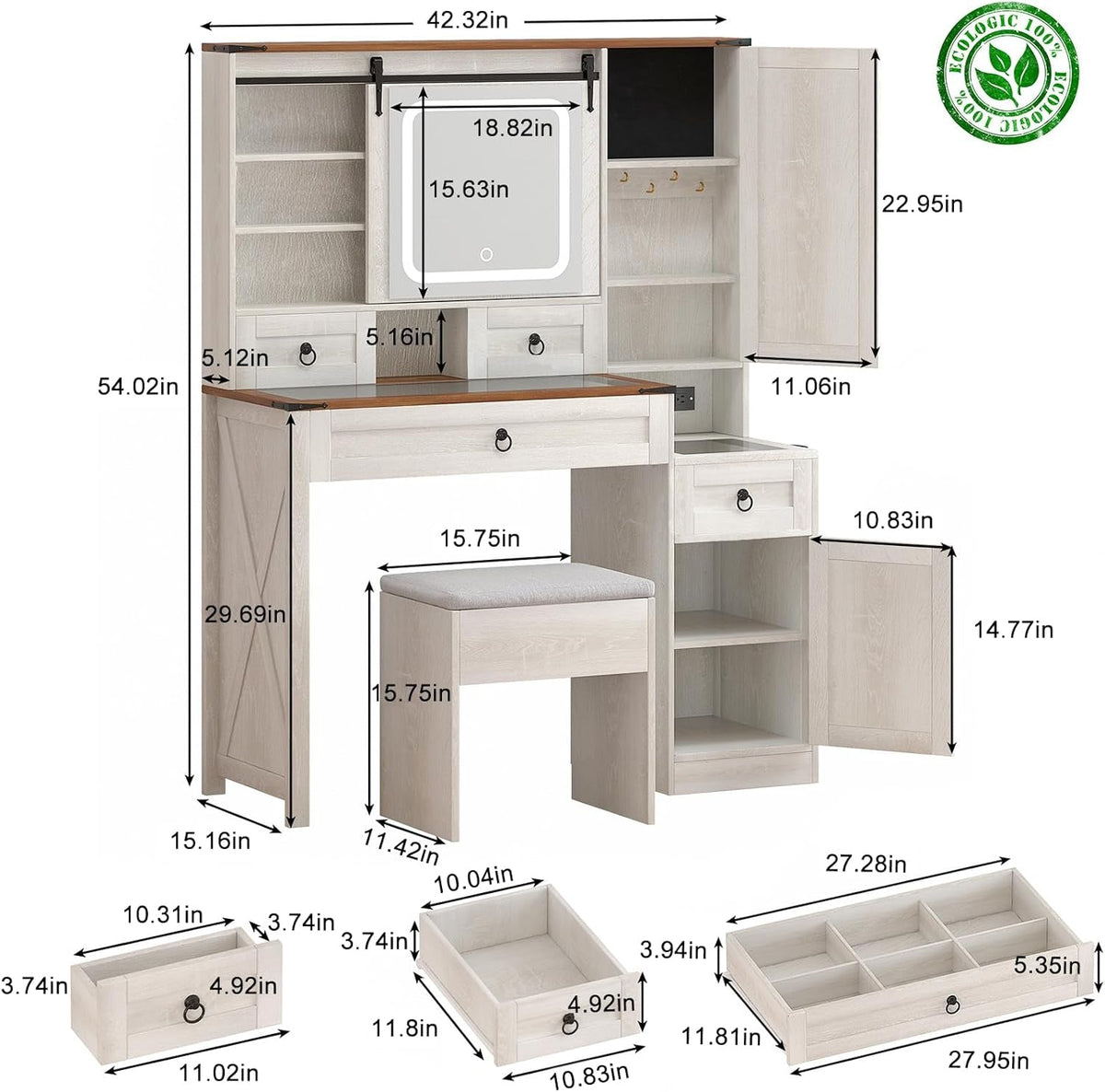 Farmhouse Makeup Vanity Desk with Sliding Mirror and Lights, 42" Glass Top White Vanity Set with Charging Station & 4 Drawers & 2 Cabinets, Dressing Table with Stool for Bedroom