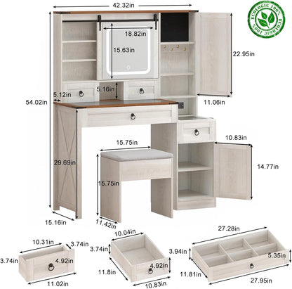 Farmhouse Makeup Vanity Desk with Sliding Mirror and Lights, 42" Glass Top White Vanity Set with Charging Station & 4 Drawers & 2 Cabinets, Dressing Table with Stool for Bedroom