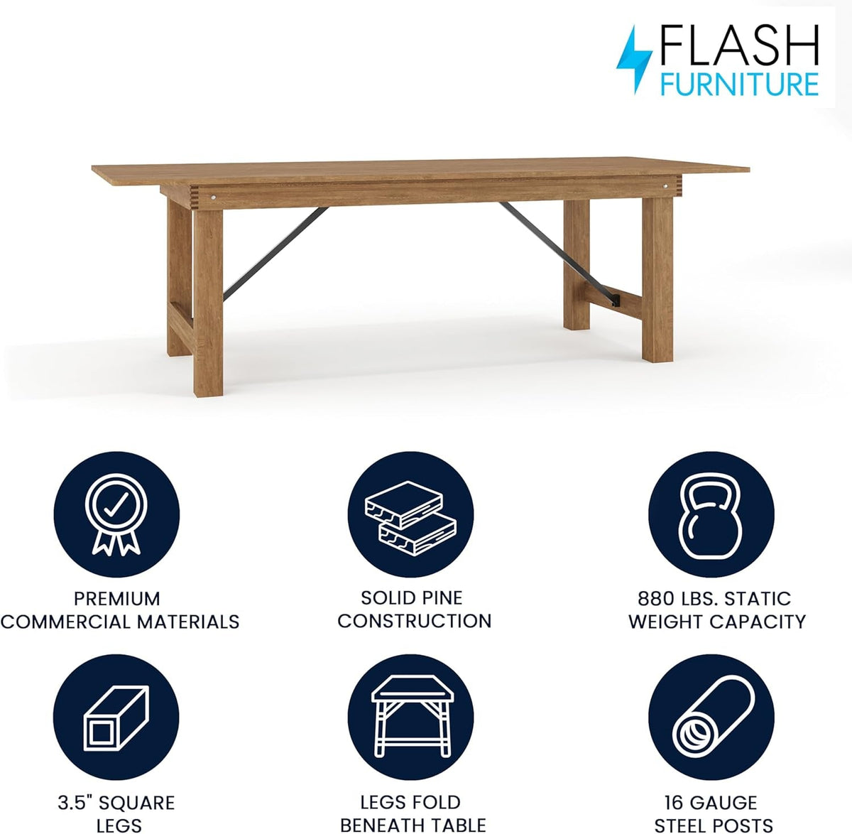 Hercules Series 8' X 40" Rustic Solid Pine Folding Dining Table, Rectangular Antique Farmhouse Dining and Event Extension Table