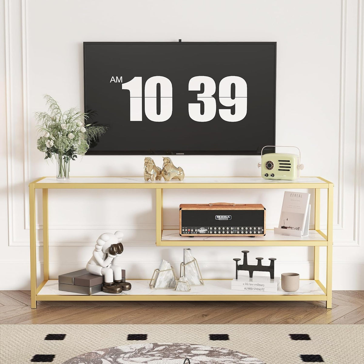 TV Stand for Tvs up to 55 Inch, 3 Tier Entertainment Center, Media Console with Open Storage Shelves for Living Room Bedroom, 47” Modern TV Table with Faux Marble Top Gold Metal Leg