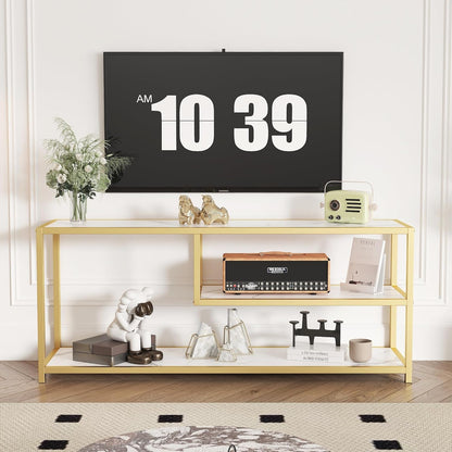 TV Stand for Tvs up to 55 Inch, 3 Tier Entertainment Center, Media Console with Open Storage Shelves for Living Room Bedroom, 47” Modern TV Table with Faux Marble Top Gold Metal Leg