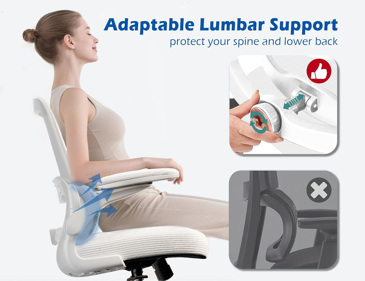 Ergonomic Office Chair - Desk Chair with Adjustable Lumbar Support Computer Chair - Mesh Comfy Chair with Flip-Up Armrests - Gaming Chairs for Adults Home Office (Leather, White)