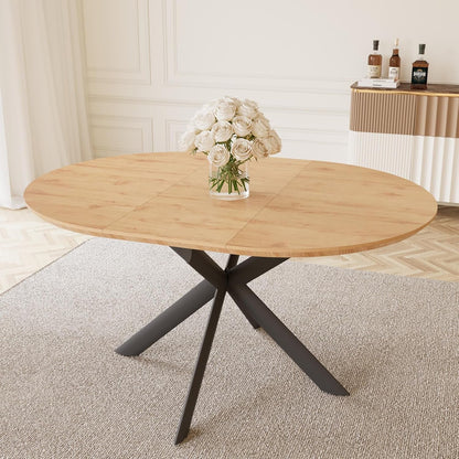43.2"-59.1" Extendable round Dining Table for 4-6 Person, Modern Wooden MDF round Kitchen Table, Oak Coffee Table W/ 4 PU Leather Chairs